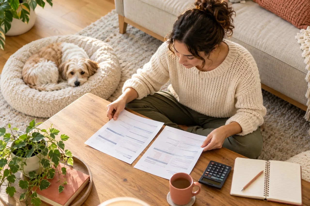 Top-down view of owner comparing papers at low table with calculator and small dog on cushion