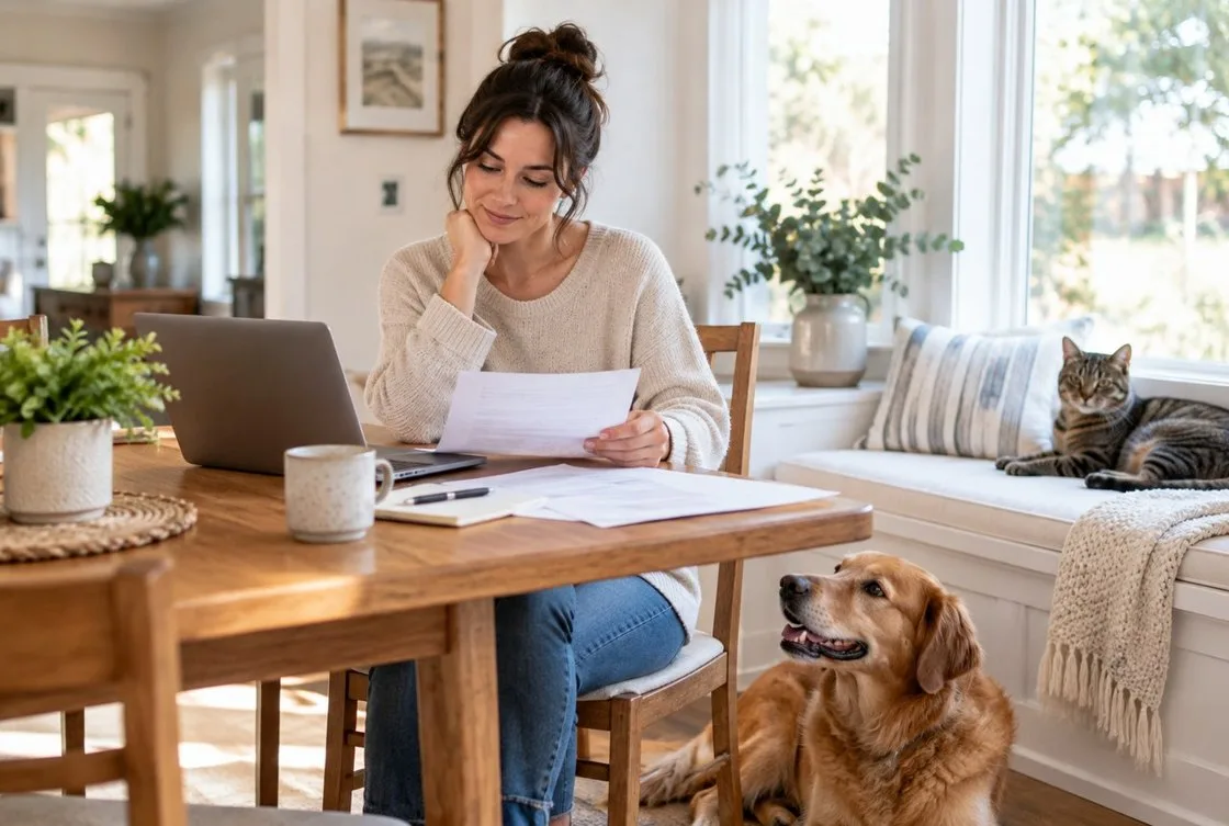 Woman reviewing papers at laptop table; golden-colored dog on floor and tabby cat on sofa